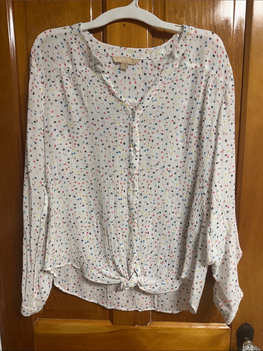Tie-Front White Blouse with Multicolor Dot Print - Women